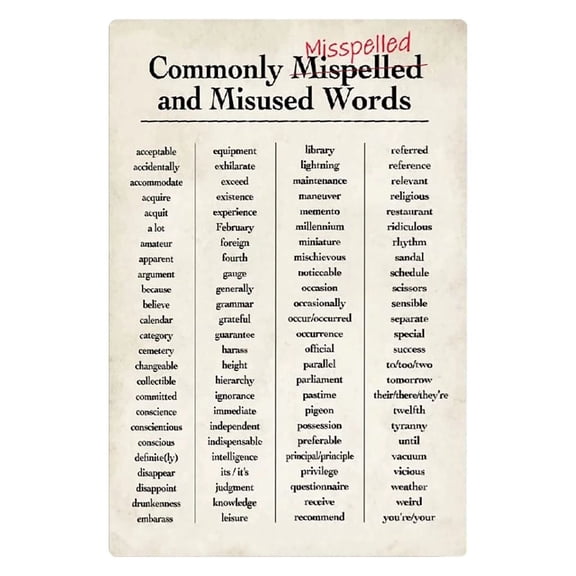 Vocabulary Knowledge Commonly Misspelled And Misused Words Posters English Classroom Education Wall Decor English Teacher Teaching poster
