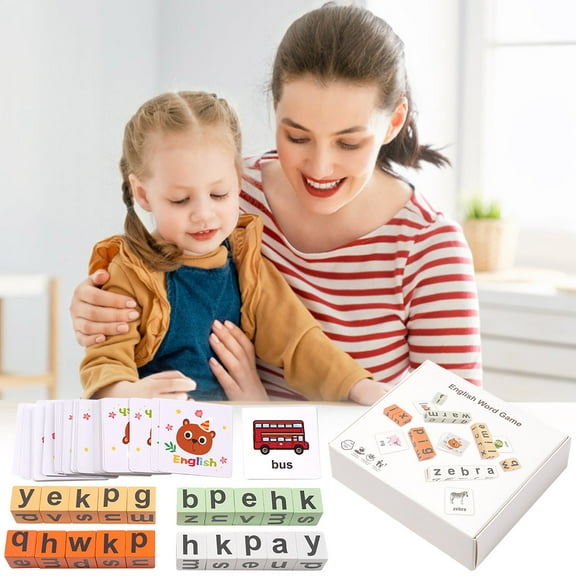 Vocabulary Spelling Set | Early Education Puzzle Blocks | English Learning Flash Cards | Interactive Wooden or Plastic | Portable Design | 13x11x3.5cm | 1 Set