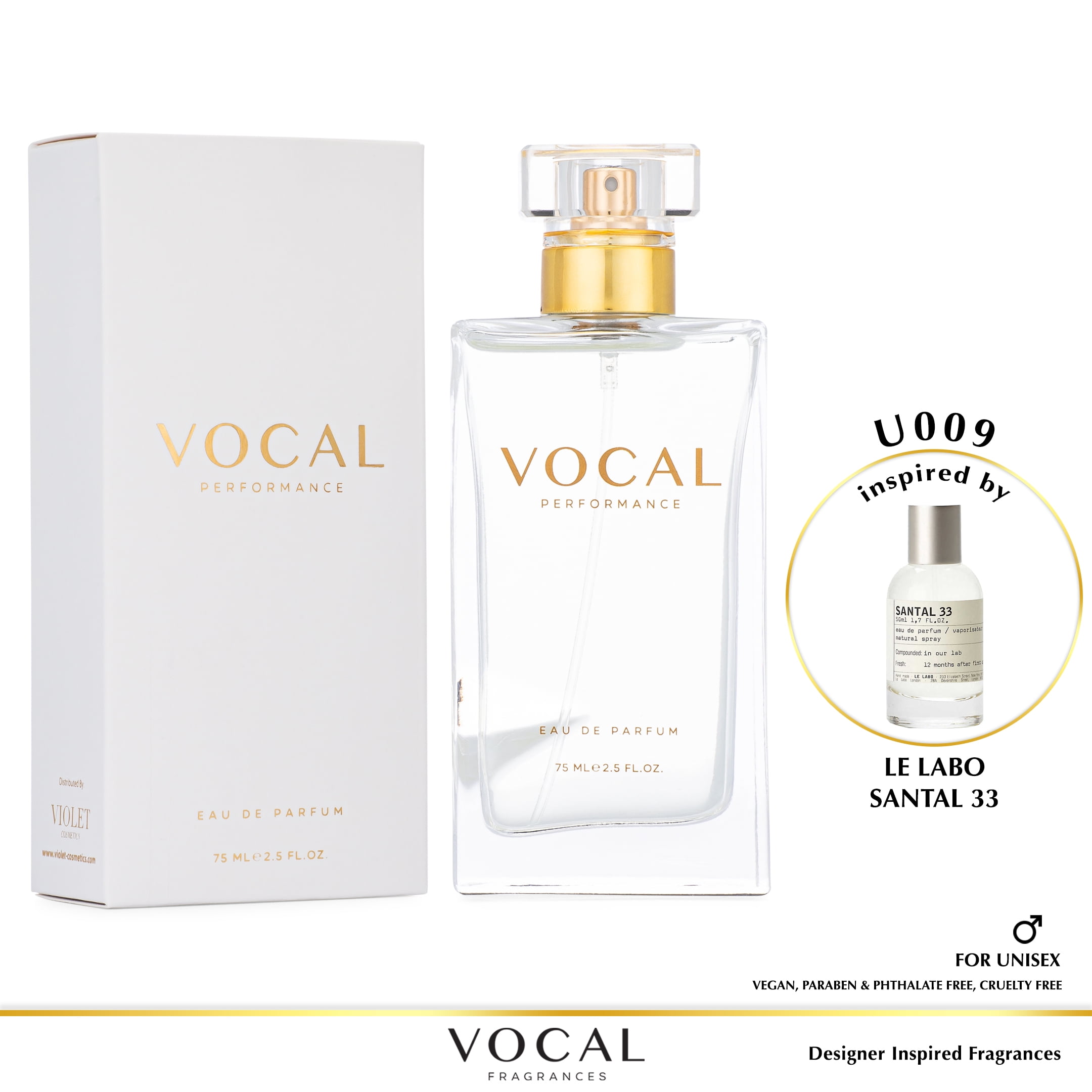 Vocal Fragrance Inspired by Le Labo Santal 33 Eau de Parfum For Unisex 2.5  FL. OZ. 75 ml. Vegan, Paraben & Phthalate Free Never Tested on Animals 