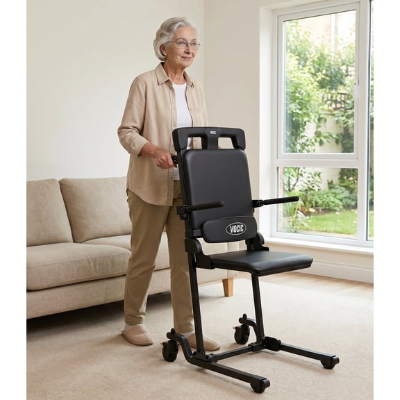 VOCIC AX35 PRO Movable Electric Floor Chair Lift with Leather Padded Seat for Elderly Falls, 440 lbs Weight Capacity, Black