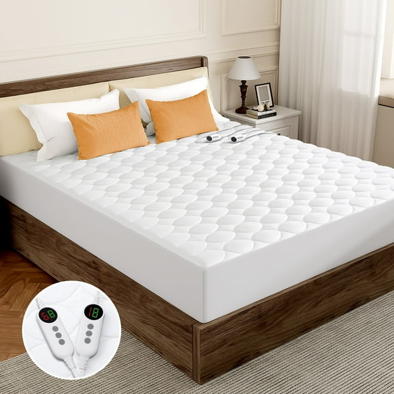 Vccoem Heated Mattress Pad California King, Dual Zone Electric Bed Warmer with 9 Heat Settings & 4 Timer Options, Washable, White