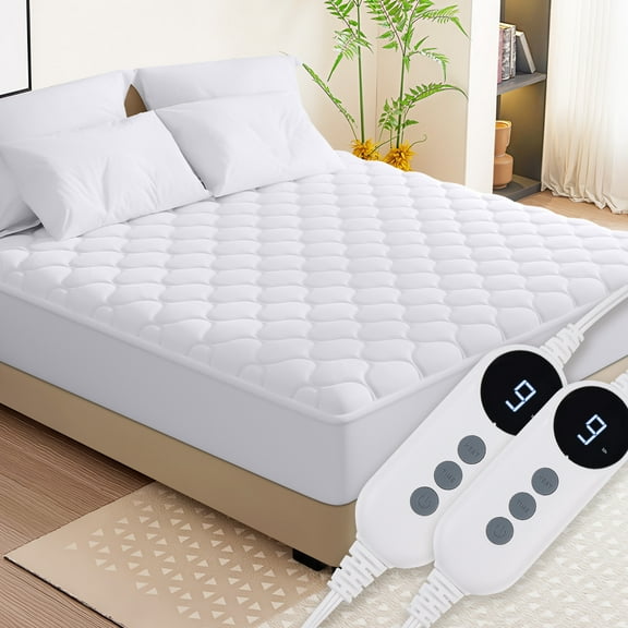 Vccoem Heated Mattress Pad Queen Size, Electric Bed Warmer with Dual Controller, 9 Heat Settings & 10-Hour Auto Shut-off, Machine Washable, White