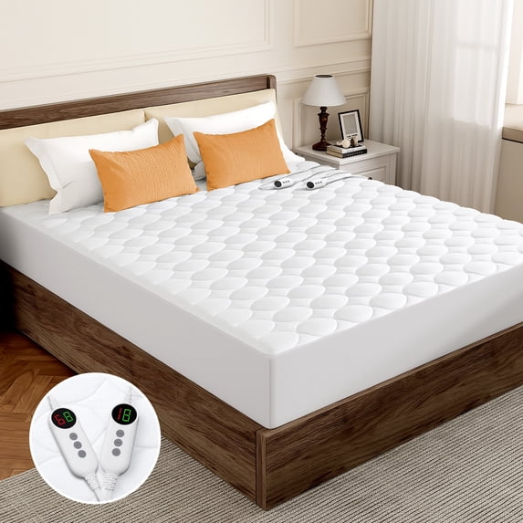 Vccoem Heated Mattress Pad Queen Size, Dual Zone Electric Bed Warmer with 9 Heat Settings & 4 Timer Options, Machine Washable, White