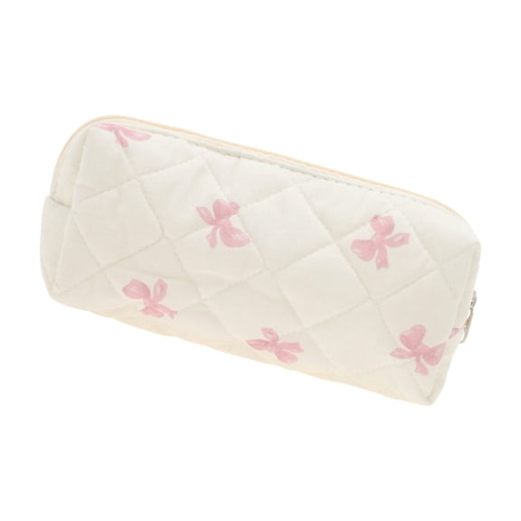 Vocoste 1 Pc Bow Quilting Makeup Bag White Pink Cotton Fabric