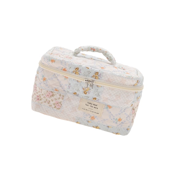 Vocoste 1 Pc Floral Handheld Quilting Makeup Bag White Blue Cotton