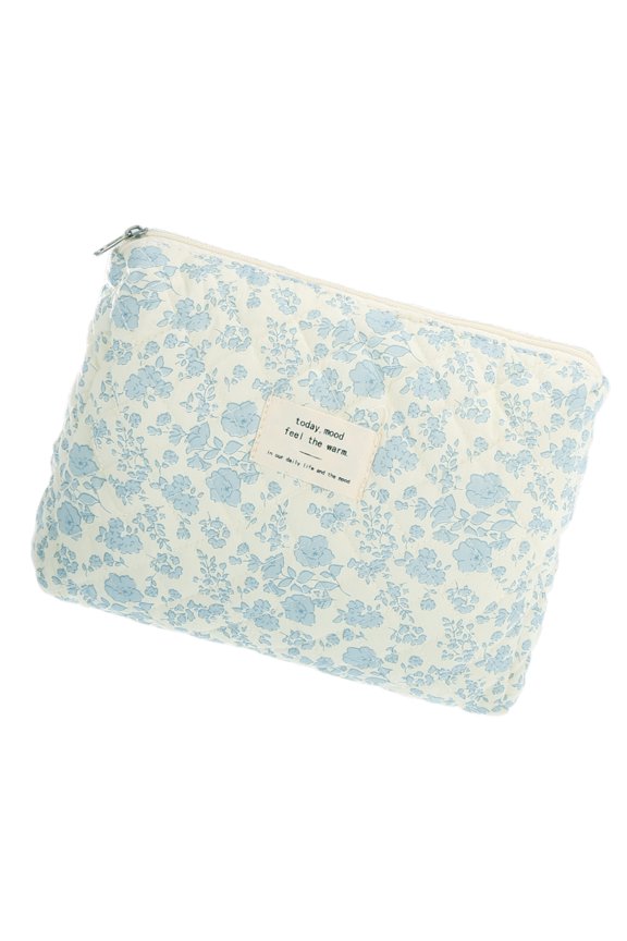 1 Pc Women Durable Medium Quilted Makeup Bag for Vacation Travel Gym White Blue Cotton