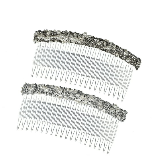 Vocoste 2 Pcs Rhinestone Side Hair Comb 20 Wide Teeth Side Combs Faux Pearl Side Hair Comb for Women Silver Tone