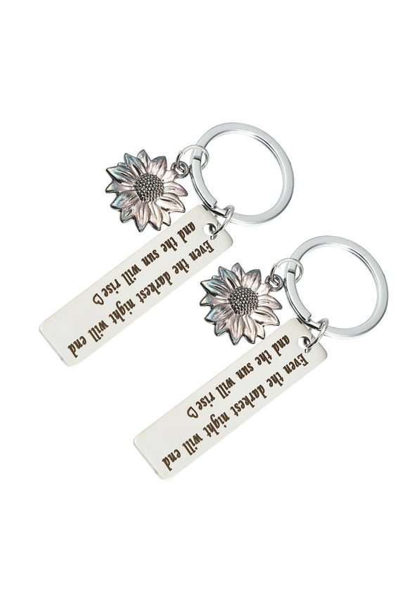 2 Pcs Stainless Steel Inspirational Sunflower Keychain Gifts Silver Tone