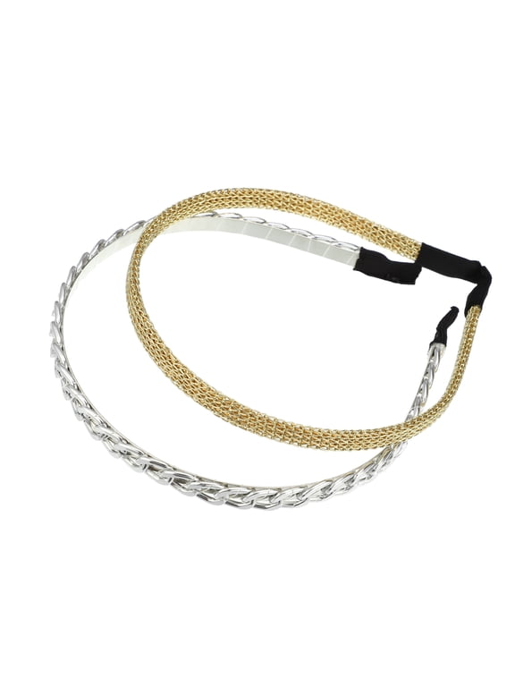 2 Pcs Twisted Link Chain Shape Metal Mesh Headband Gold Tone Silver Tone 4.92"x0.39"