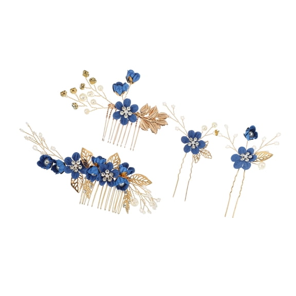 Vocoste 4 Pcs Rhinestone Hair Comb Hair Piece for Bride Wedding Flower Side Comb Headpiece Deep Blue