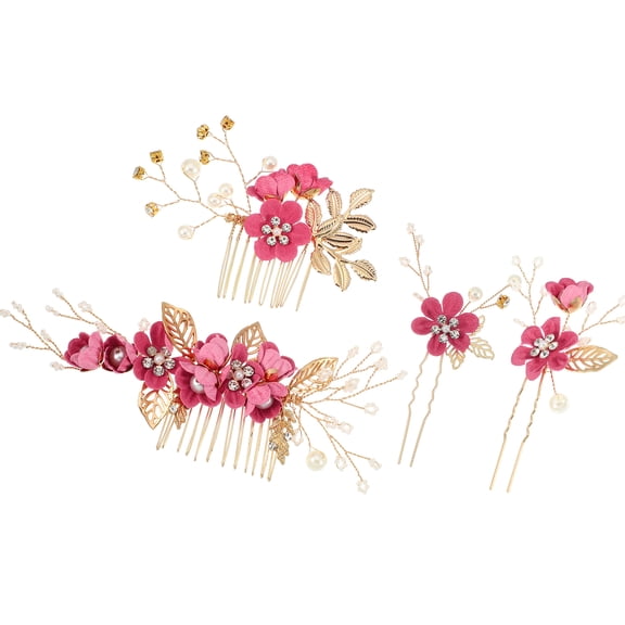 Vocoste 4 Pcs Rhinestone Hair Combs for Bride Wedding Flower Side Comb Headpiece Rose Red