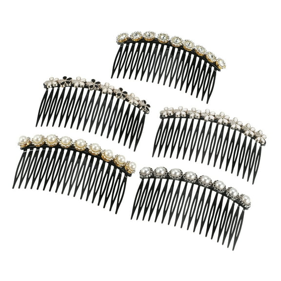 Vocoste 5 Pcs Rhinestone Side Hair Comb 18 Wide Teeth Side Combs Faux Pearl Side Hair Comb for Women Black White