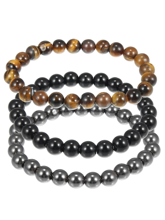 Beaded Bracelet Stretch Elastic Adjustable Chakras Stones Bracelets for Men Women Titanium Tone Black 1Set