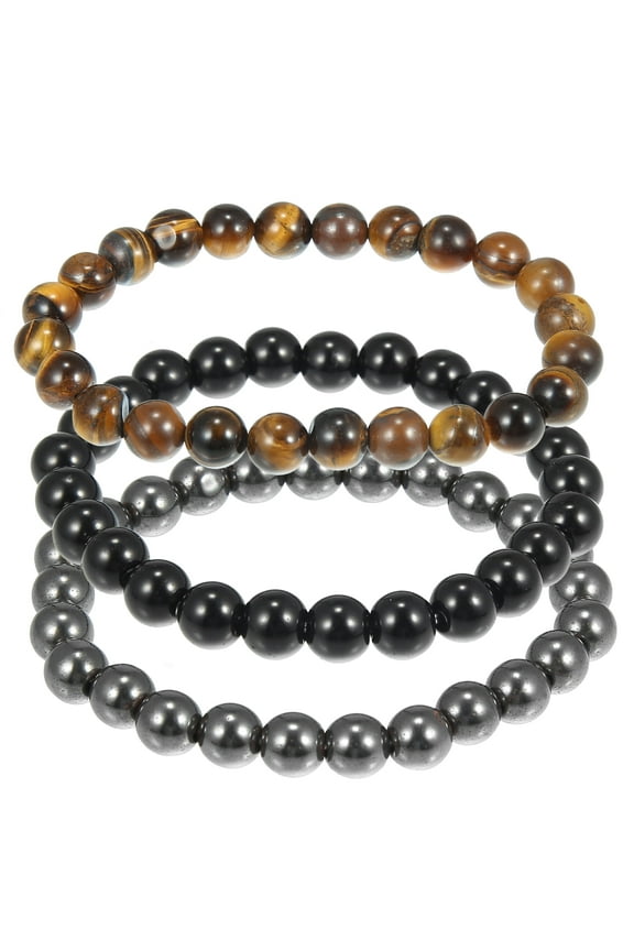 Beaded Bracelet Stretch Elastic Adjustable Chakras Stones Bracelets for Men Women Titanium Tone Black 1Set