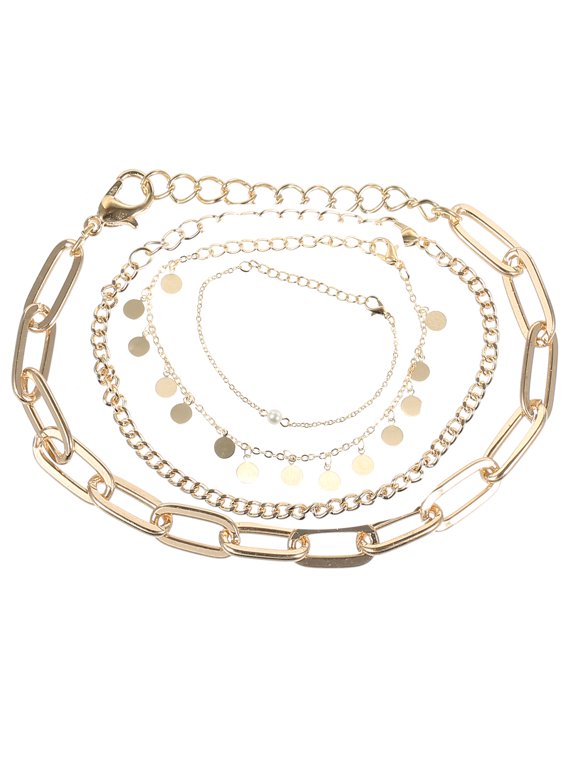 Dainty Layered Bracelets for Women Flat Snake Chain Bracelet Faux Pearl Pendant Gifts Gold Tone 1Set