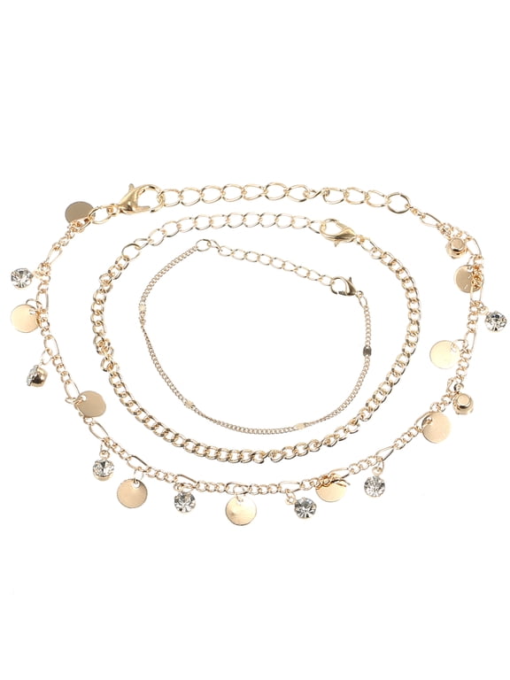 Dainty Layered Bracelets for Women Flat Snake Chain Bracelet Rhinestones Pendant Gifts Gold Tone 1Set
