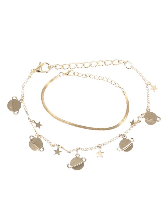 Dainty Layered Bracelets for Women Flat Snake Chain Bracelet Star Moon Pendant Gifts Gold Tone 1Set