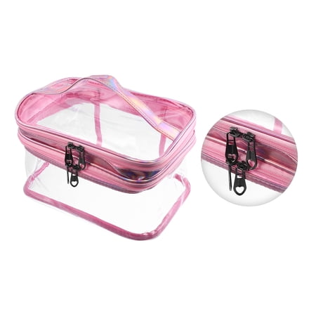 Vocoste Double Layer Makeup Bag Cosmetic Travel Bag Case, Large Make Up Organizer Bag Clear Toiletry Bag, Pink