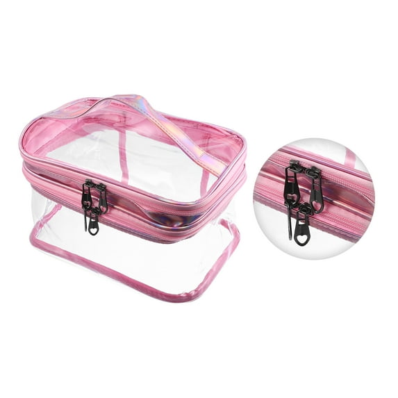 Vocoste Double Layer Makeup Bag Cosmetic Travel Bag Case, Large Make Up Organizer Bag Clear Toiletry Bag, Pink