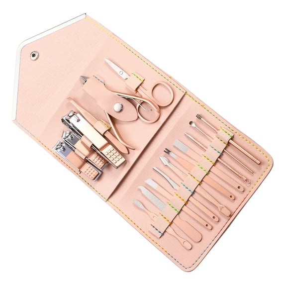 Vocoste Manicure Set Nail Clippers Pedicure Kit Stainless Steel with PU Leather Case Pink 16 Pcs