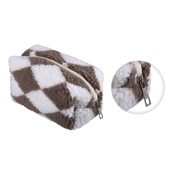 Vocoste Portable Cosmetic Bag Travel Makeup Bag Storage Bag Plaid Pattern Terry Cloth Brown White