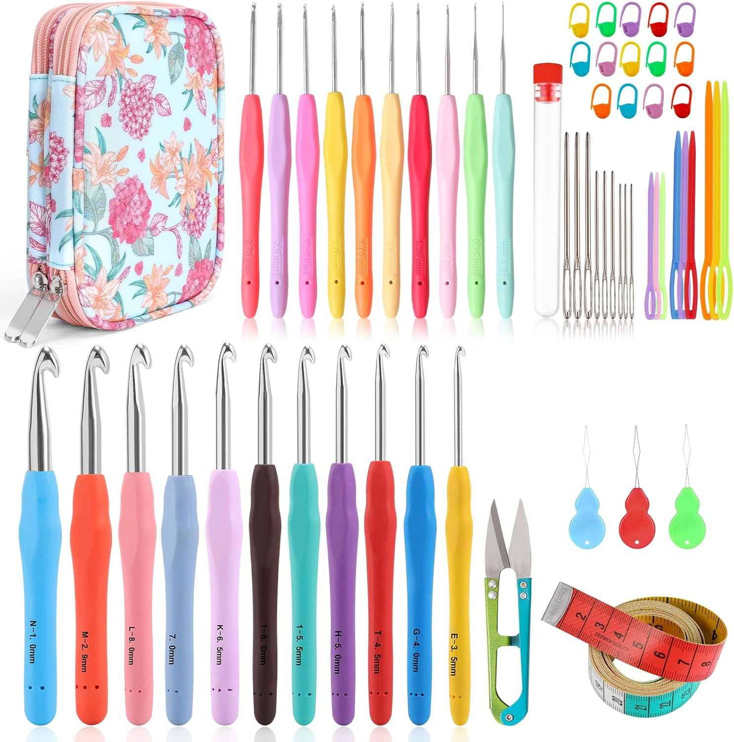 Vodiye No. 14 crochet hook set, sizes 2.0–10.0 mm, colorful metal crochet hooks, ergonomic design, comfortable to use