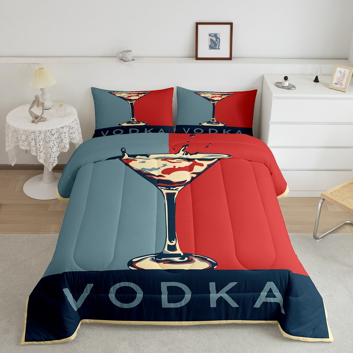 Vodka Comforter Set Queen, Alcoholic Drinks Bedding For Men Women, Retro Liquid Drink Glass
