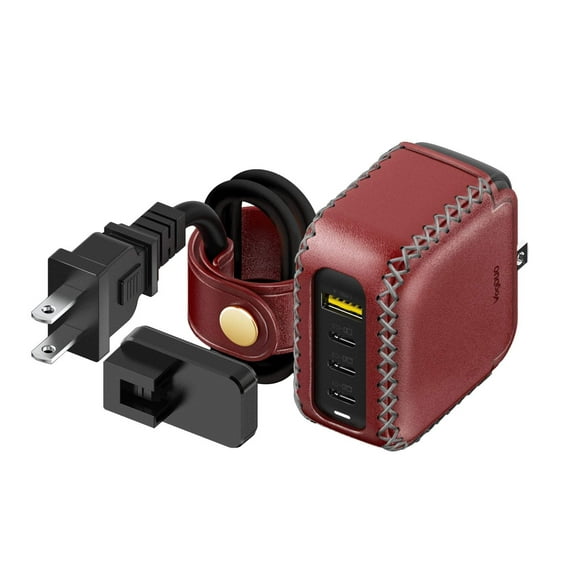 VogDUO 100W USB C Desktop Charging Station- 4 Port Foldable Plug GaN PD Fast Wall Charger Power Adapter with Leather 5ft Extension Cable for MacBook Pro, iPad Apple Watch, iPhone 14, 13, 12 (Red))