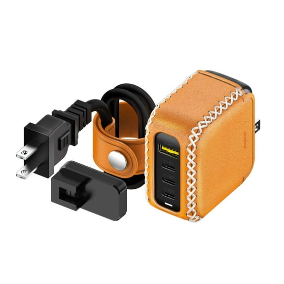 VogDUO 100W USB C Desktop Charging Station- 4 Port Foldable Plug GaN PD Fast Wall Charger Power Adapter with Leather 5ft Extension Cable for MacBook Pro, iPad Apple Watch, iPhone 14, 13, 12 (Tan)