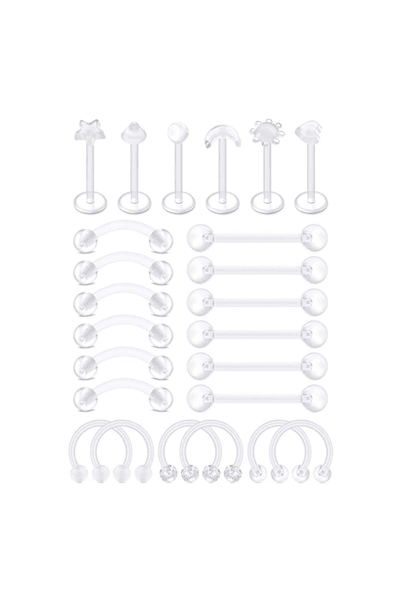 24Pcs Piercing Retainers Set Clear Glass Helix Piercing Jewelry Ear Lobe Nose Studs Septum Rings Labret Eyebrow Nipple Tongue Cartilage Hoops Tragus Earring Belly for Men Women
