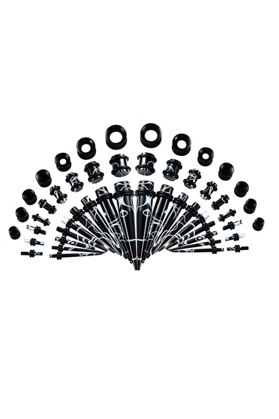 50Pcs Ear Stretching Kit Tapers And Plugs Tunnels 14G-00G Marble Pattern Ear Piercing Taper kits Body Piercing Jewelry (Black)