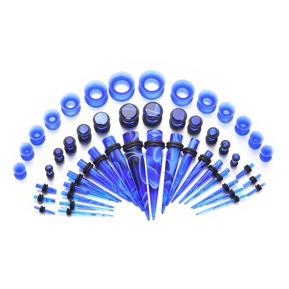 Vogem 50Pcs Stretchers Silicone Ear Plugs and Tunnels Blue Tapers for Ear Stretching Kit For Women and Men