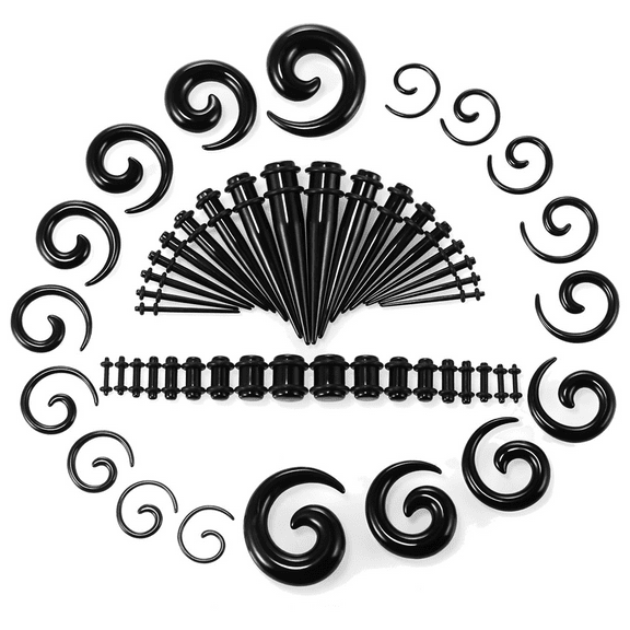 Vogem 54Pcs Black Ear Stretching Kit 14G-00G/1.6mm-10mm Ear Gauges Expander Set Acrylic Tapers and Plugs Acrylic Spiral Tapers Body Piercing Jewelry Set for Women and Men