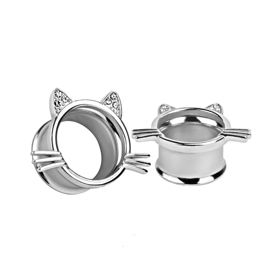 Vogem Cat Ear Tunnels Set 8mm Hypoallergenic Stainless Steel Ear Expanders Silver Piercing Body Jewelry