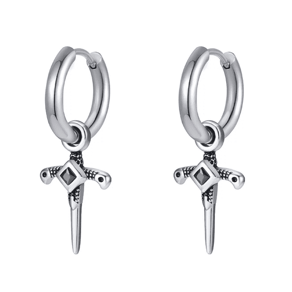 Vogem Silver Cross Dangle Hoop Earrings for Men Women Stainless Steel With Cubic Zirconia Minimalist(33*12mm)