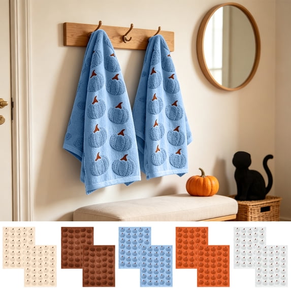 Voglyf 2 Pcs Fall Hand Towels 3D Pumpkin Jacquard, Thanksgiving Embroidered Towels Autumn 100% Cotton Soft Absorbent Decorative Farmhouse Bathroom Decor Gift, 15.7 x 23.6 Inch(White)