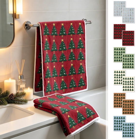Voglyf 2Pcs Christmas Hand Towels 3D Christmas Tree Jacquard, Thanksgiving Embroidered Towels Christmas Cotton Soft Absorbent Decorative Farmhouse Bathroom Decor, 15.7 x 23.6 Inch(Blue)
