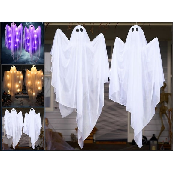 Voglyf 47” Halloween Light up Hanging Ghost Decorations Outdoor, Halloween Flying Hanging Ghosts with Warm LED Lights for Haunted House Prop, Front Yard Patio Party Decor Indoor Outdoor,Yellow