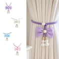 thumbnail image 1 of Voglyf Adjustable Curtain Tiebacks 2 Pack, No Drill Cute Bow Rope Holdbacks, Satin Bow Pearl Decorative Curtain Cords, Hand‑Woven Rope Curtain Tie Backs for Window Curtain Decoration,Purple, 1 of 8