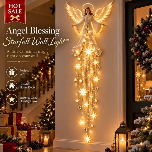 Voglyf Angel Blessing Wall Light, Starglow Cascading Christmas Angel with Glowing, Stars, LED Holiday Decor for Bedroom Home, Heavenly Warm Night Light, Guardian Gift for Women, 31.5Inch