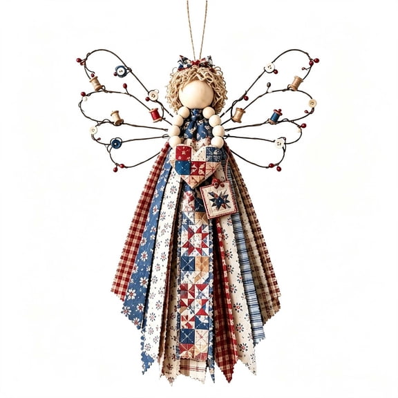 Voglyf Angel Fabric Hanging DIY Kit, 8In Handmade Patchwork Ornament Craft Kit, Primitive Country Vintage QuiltStyle Angel With Wire Wings, Home Wall Christmas Tree Hanging Decoration