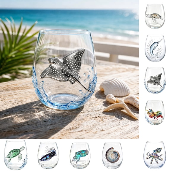 Voglyf Artisanal Blue Ringed Octopus Glassware, 2D Octopuses Stemless Wine Glasses, Coastal Ocean Themed Bar Glassware, Drinking Glass Gift for Ocean Lovers Wine (Green Sea Turtle)