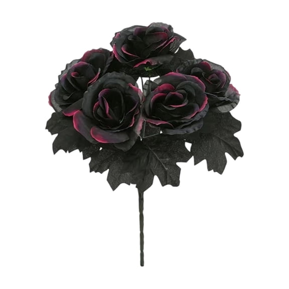 Voglyf Burgundy Black Artificial Rose Bouquet, Gothic Fake Rose Flowers Stem with Black Leaves, Dark Gradient Silk Bush, Halloween Floral for Wreath Vase Home Party Cemetery Decor,13.4In