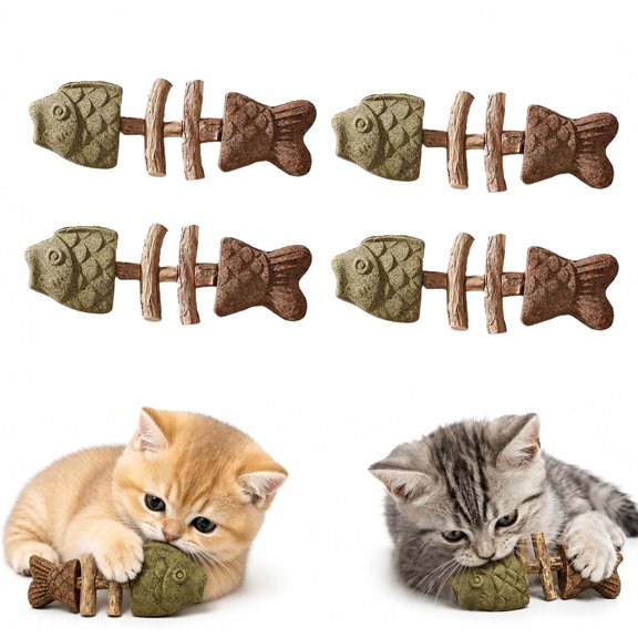 Voglyf Catnip and Silvervine Chew, Natural Fishbone Chew Toy for Cats, Fishbone-Shaped Cat Dental Toy for Chewing, Licking, Pawing, Boredom Relief & Enrichment for Cats (4 PCS, Mixed Flavor)