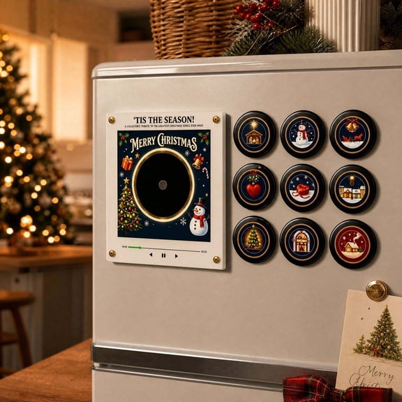 Voglyf Christmas Vinyl Player Fridge Record NFC Magnetic Music Box Set, Mini Jingle Magnets, Refrigerator Custom Storage, Personalized, 9 Pcs Programmable Playback, Aesthetic Desk Decor