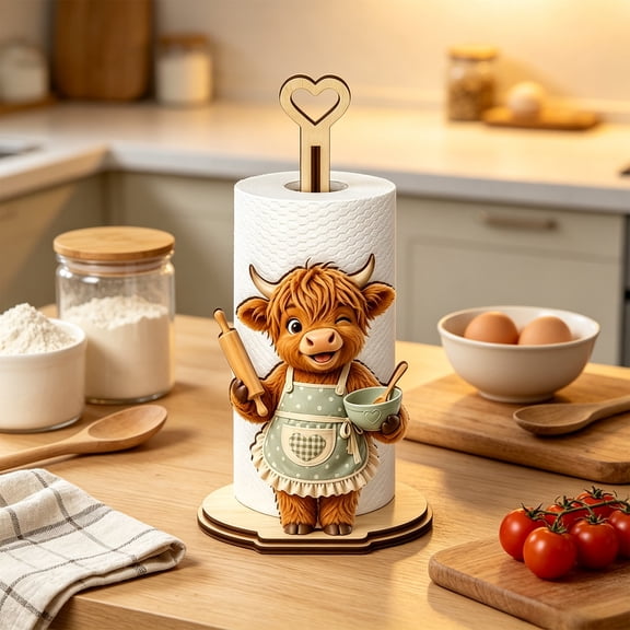 Voglyf Cute Highland Cow Paper Towel Holder, Heart Top Countertop Kitchen Roll Rack with Baking Themed Cow Figurine, Freestanding Tissue Dispenser for Kitchen Counter Rustic Home Decor