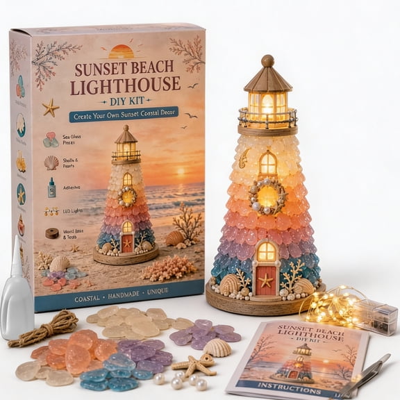 Voglyf DIY Lighted Sea Glass Lighthouse Kit, 7.87In Coastal Ocean Glass Craft Kit, Beach Handmade Building Set, Decorative Tabletop Ornament for Coastal Style Room Decoration(Sunset Beach)