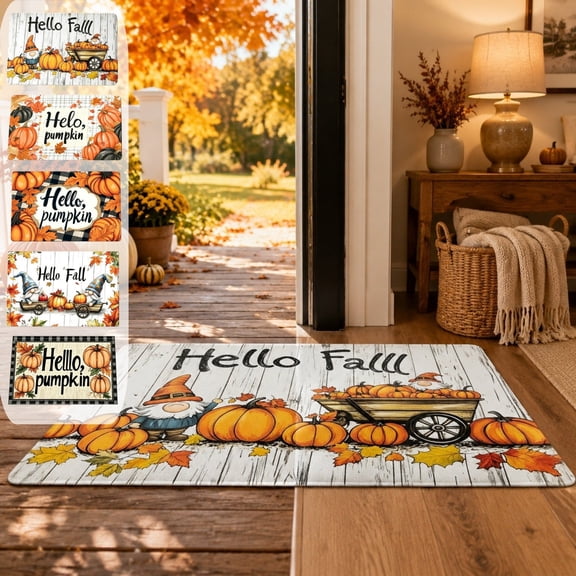 Voglyf Fall Welcome Door Mat, Hello Pumpkin Farmhouse Front Doormat, Non Slip Low Profile Entrance Rug, Autumn Harvest Thanksgiving Floor Mat for Porch Entryway Home Decor,15.7 X 23.6In