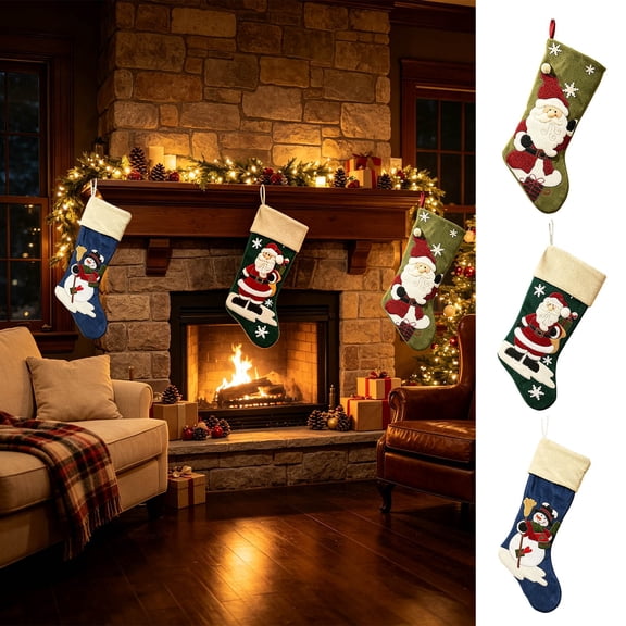 Voglyf Felt Applique 21" Stocking Making Kit, Vintage Embroidered Xmas Hanging Sock, Capacity Gift Bag for Fireplace Stair Window Decor, Family Candy Present Sack Christmas Party Gift,B