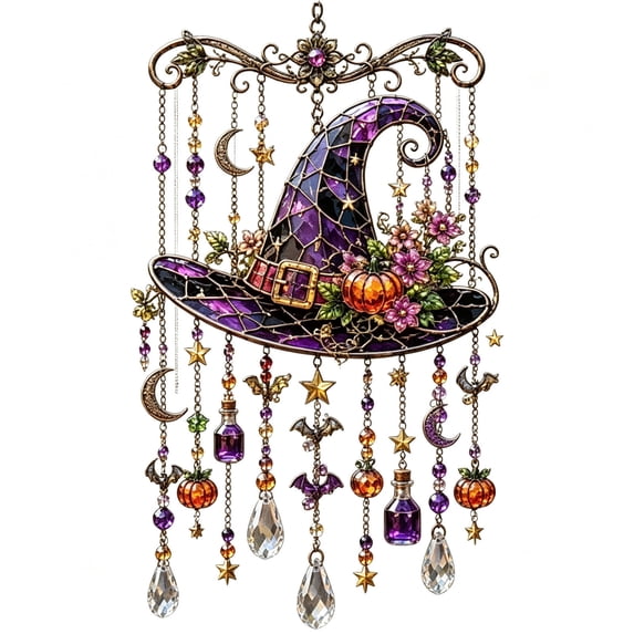 Voglyf Halloween Acrylic Suncatcher Wind Chime Hanging Witch Hat, Gothic Hanging Ornament with Pumpkin Potion Bottle Star Crystal, Window Pendant for Porch Bedroom Spooky Season Home Gift